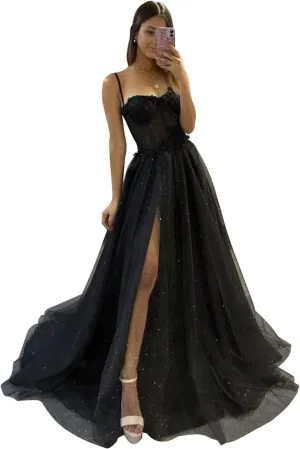 YUAOHUANG Glitter Tulle Prom Dresses Long 2024 3D Lace Flower Appliques Ball Gown Formal Dress for Evening Wedding Slit