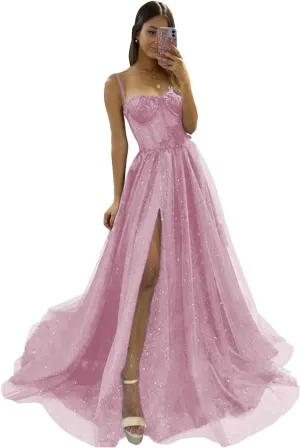 YUAOHUANG Glitter Tulle Prom Dresses Long 2024 3D Lace Flower Appliques Ball Gown Formal Dress for Evening Wedding Slit