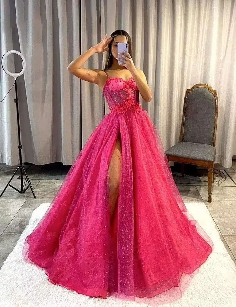 YUAOHUANG Glitter Tulle Prom Dresses Long 2024 3D Lace Flower Appliques Ball Gown Formal Dress for Evening Wedding Slit