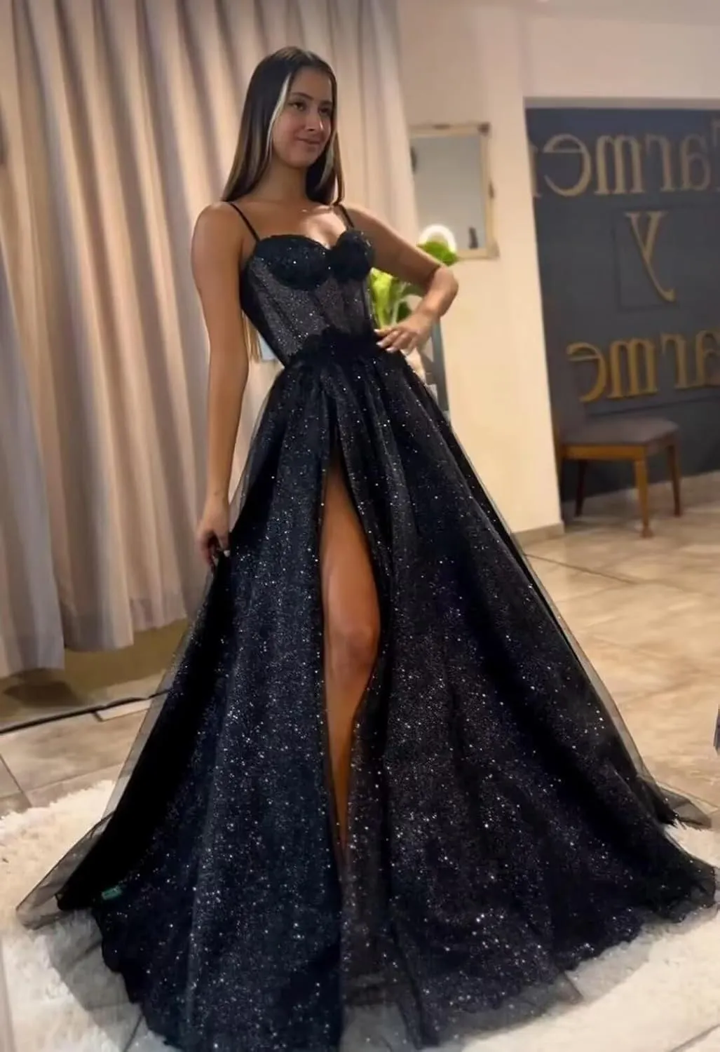 YUAOHUANG Glitter Tulle Prom Dresses Long 2024 3D Lace Flower Appliques Ball Gown Formal Dress for Evening Wedding Slit