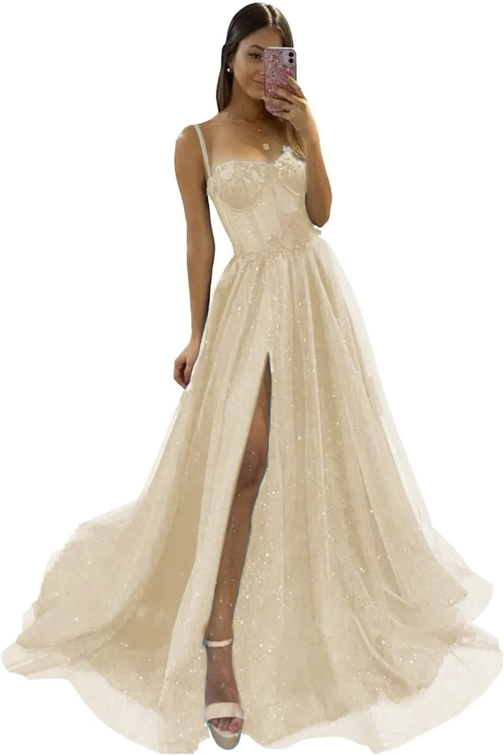 YUAOHUANG Glitter Tulle Prom Dresses Long 2024 3D Lace Flower Appliques Ball Gown Formal Dress for Evening Wedding Slit