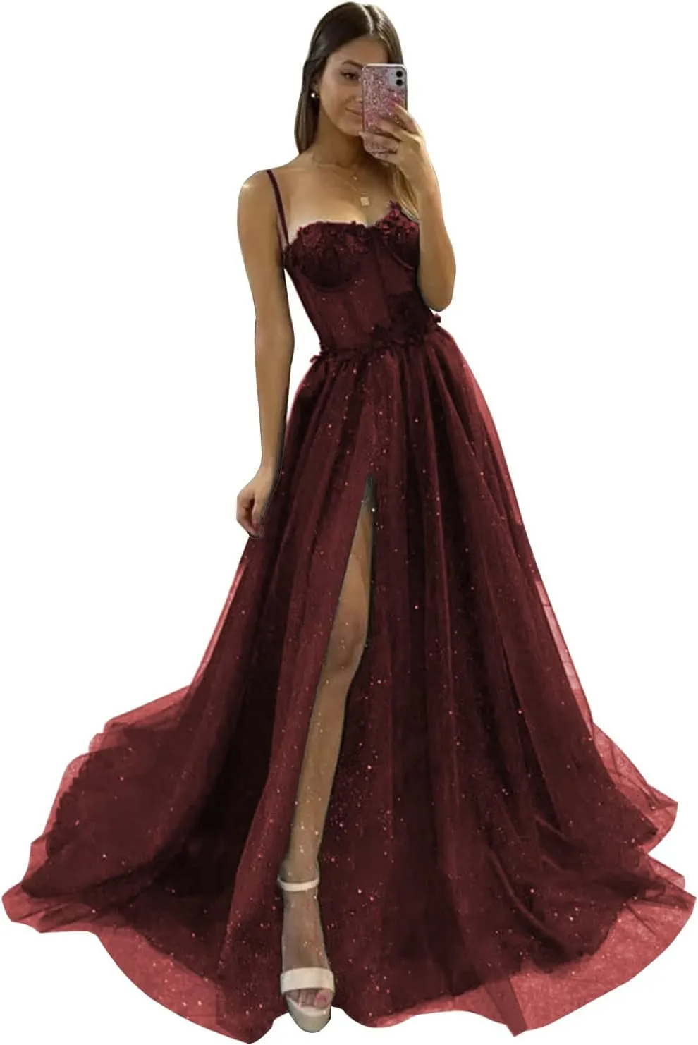 YUAOHUANG Glitter Tulle Prom Dresses Long 2024 3D Lace Flower Appliques Ball Gown Formal Dress for Evening Wedding Slit