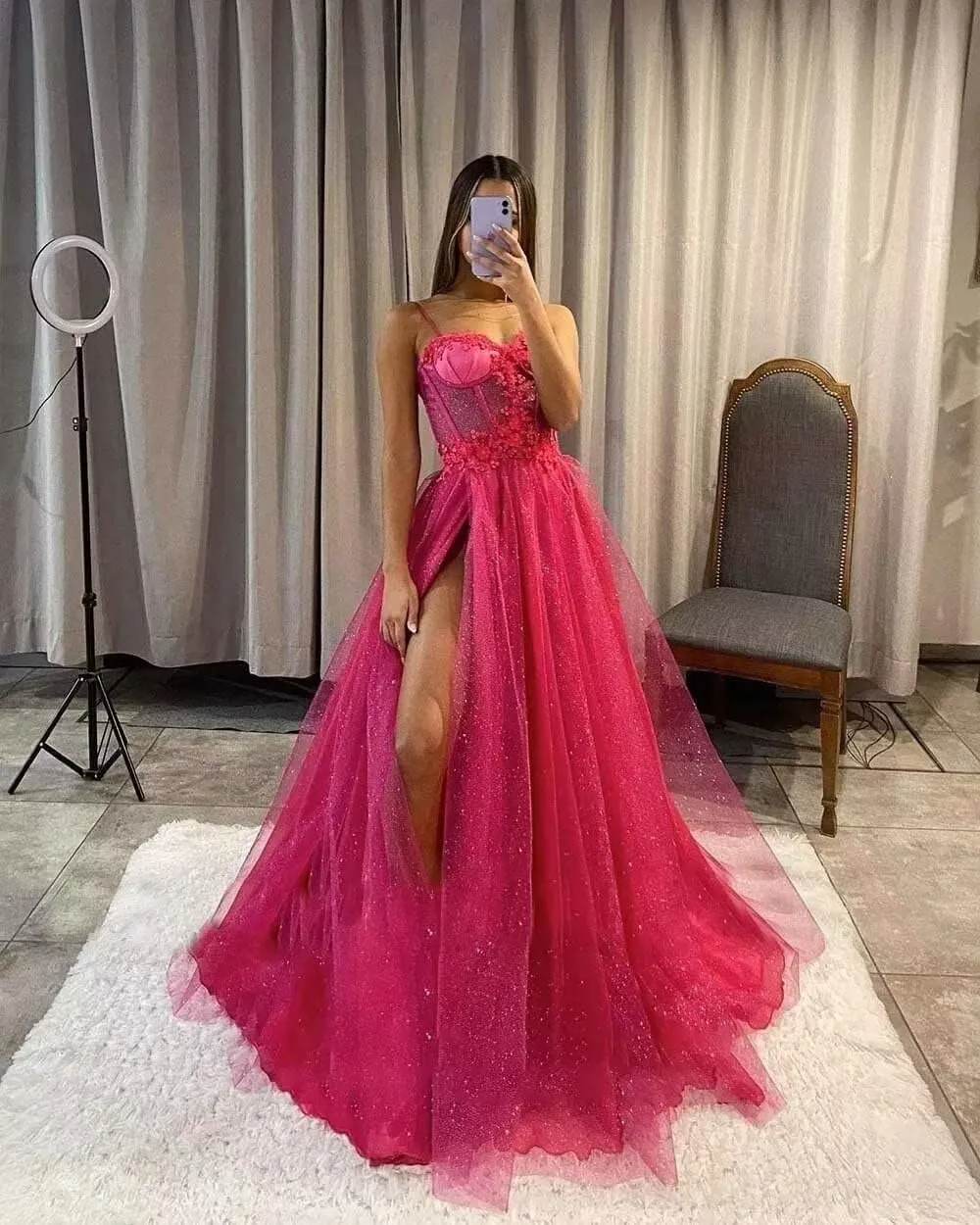 YUAOHUANG Glitter Tulle Prom Dresses Long 2024 3D Lace Flower Appliques Ball Gown Formal Dress for Evening Wedding Slit