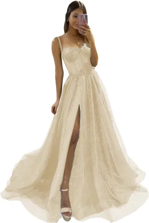 YUAOHUANG Glitter Tulle Prom Dresses Long 2024 3D Lace Flower Appliques Ball Gown Formal Dress for Evening Wedding Slit