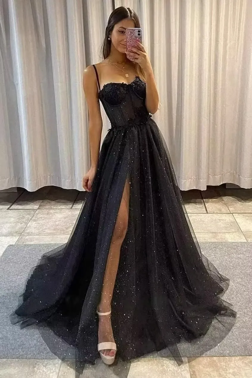 YUAOHUANG Glitter Tulle Prom Dresses Long 2024 3D Lace Flower Appliques Ball Gown Formal Dress for Evening Wedding Slit