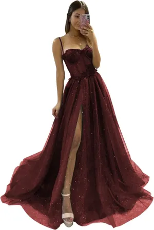 YUAOHUANG Glitter Tulle Prom Dresses Long 2024 3D Lace Flower Appliques Ball Gown Formal Dress for Evening Wedding Slit