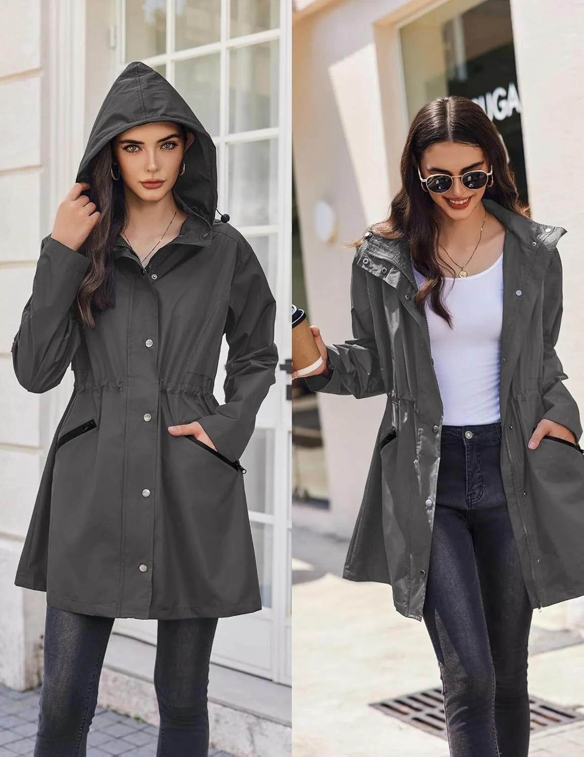 Zeagoo Raincoat Women Waterproof Long Hooded Rain Jacket Trench Coats Windbreaker Travel Jacket