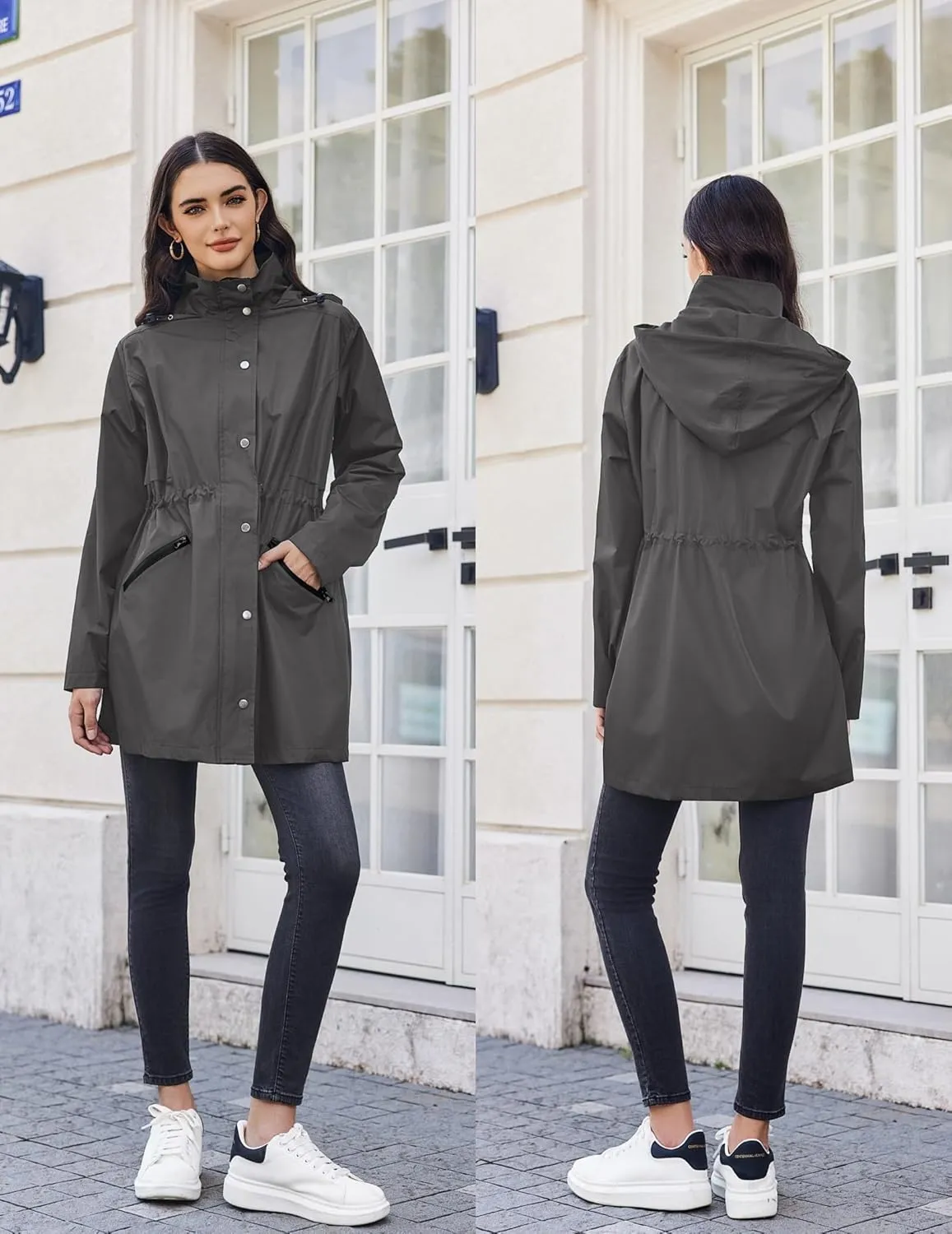 Zeagoo Raincoat Women Waterproof Long Hooded Rain Jacket Trench Coats Windbreaker Travel Jacket