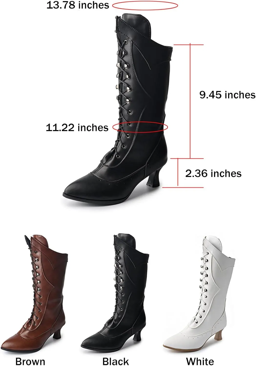 Zeberfi Women's Victorian Lace Up Mid Calf Booties Velvet Lining Fashion Comfortable Gothic Chunky Kitten Heel Witch Costume Boots