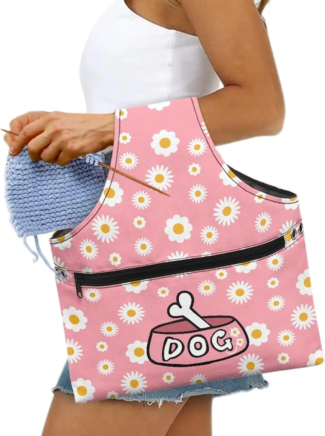ZUXONGSY Daisy Yarn Bags for Knitting Yarn Storage Bag Organizer Dog Crochet Organizers and Storage Yarn Storage Bag for Crocheting for Women Gifts Knitting Tote Bag Large