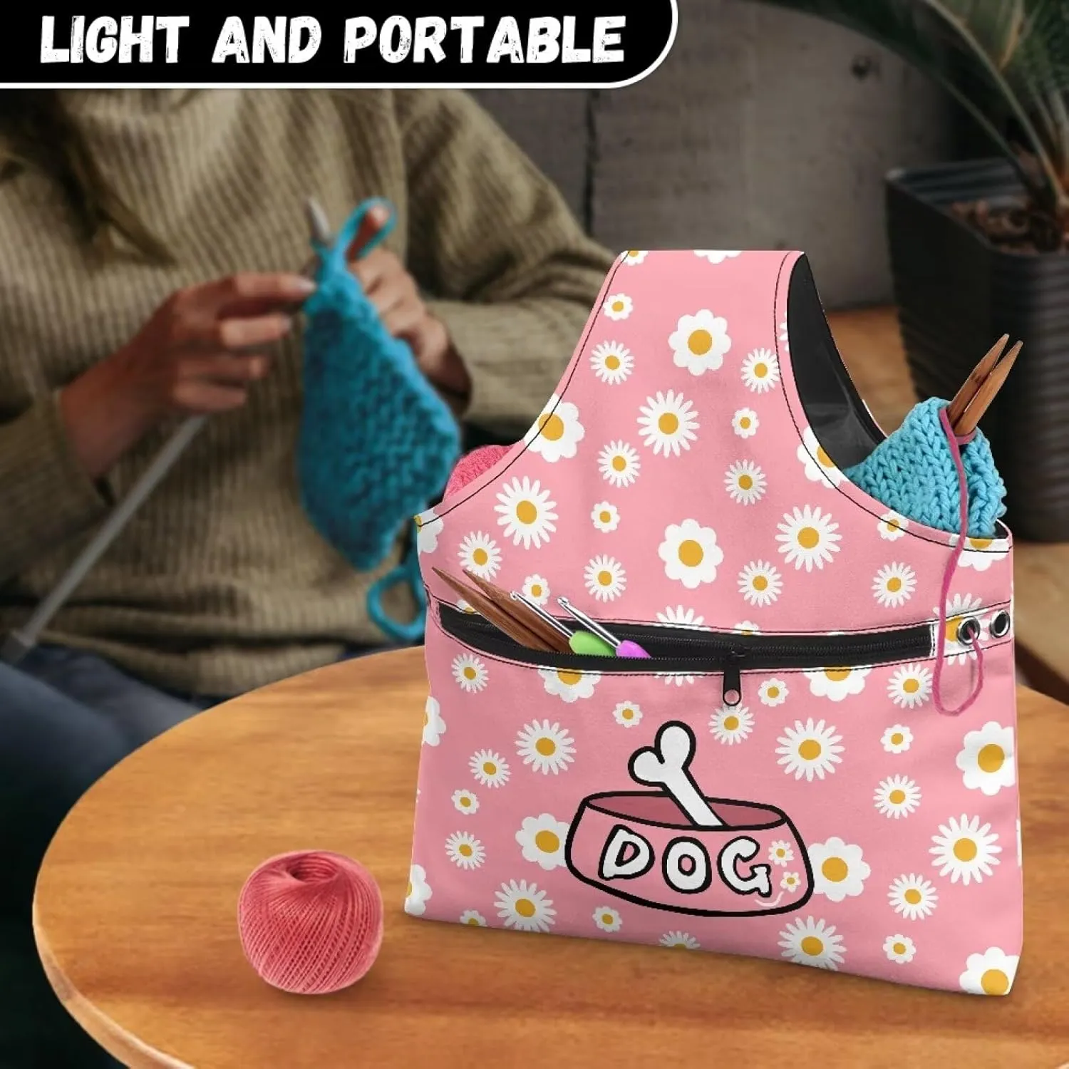 ZUXONGSY Daisy Yarn Bags for Knitting Yarn Storage Bag Organizer Dog Crochet Organizers and Storage Yarn Storage Bag for Crocheting for Women Gifts Knitting Tote Bag Large